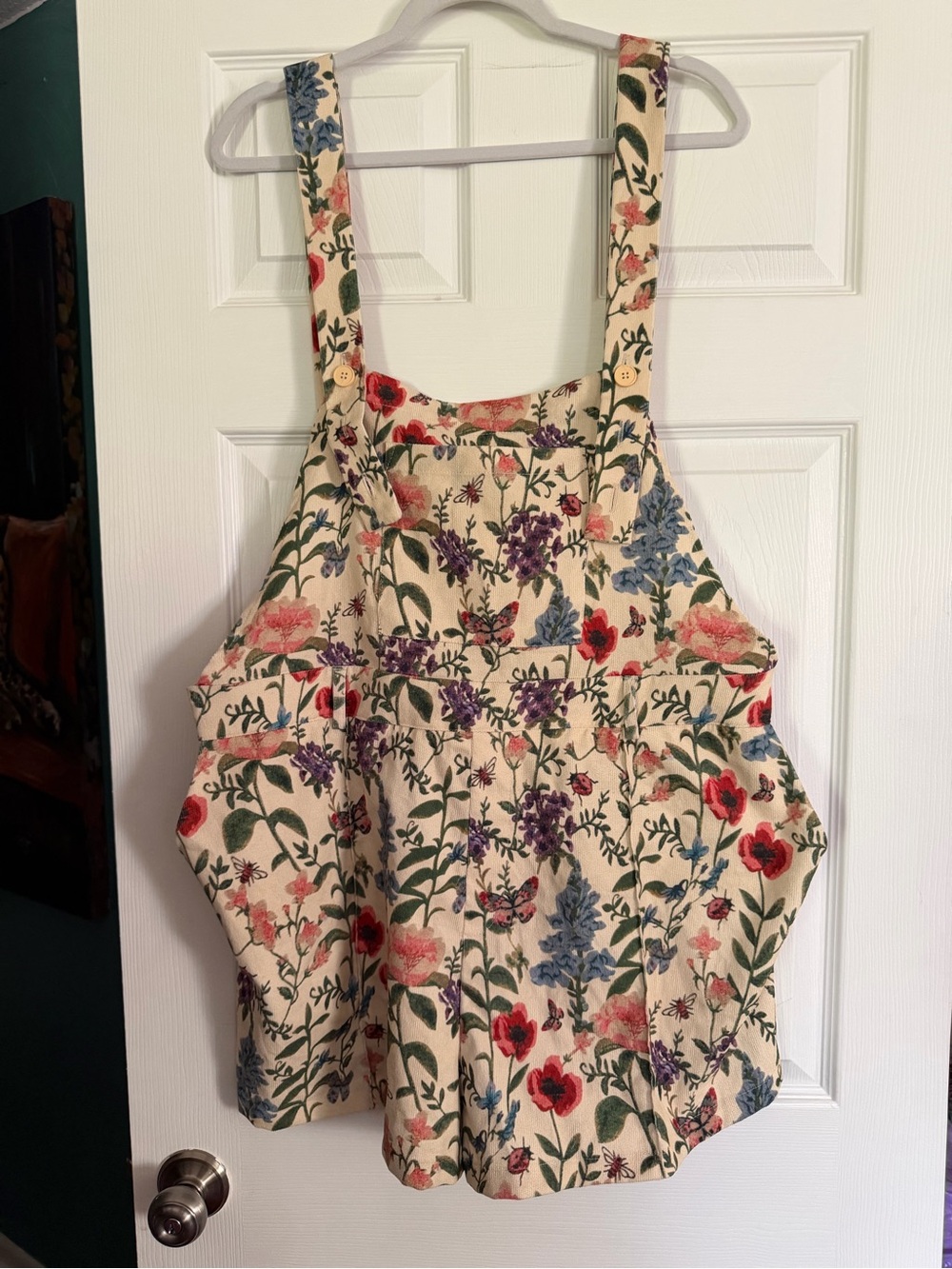 Cider Floral Pinafore romper in Cream with Red, Blue & Purple Blooms